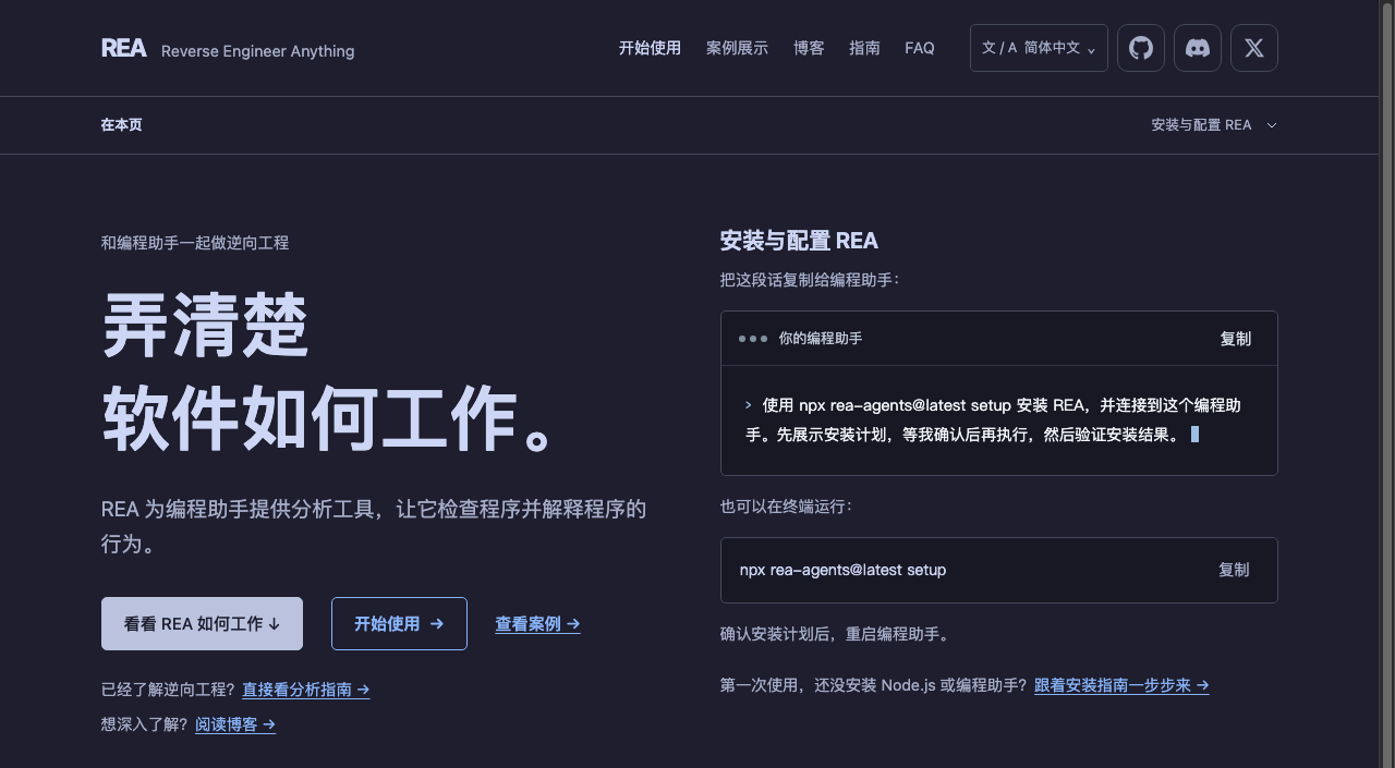 REA 官网截图：通过编程助手分析应用功能